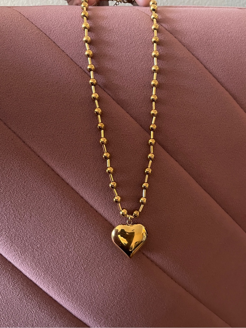 Gold Heart Pendant Necklace with Beaded Chain - Women's Jewelry